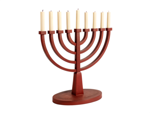 A red menorah with eight lit candles and a ninth candle holder, isolated on transparent background - Powered by Adobe