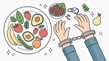 Healthy eating habits chained hands reaching for fruit and vegetables diet concept illustration.