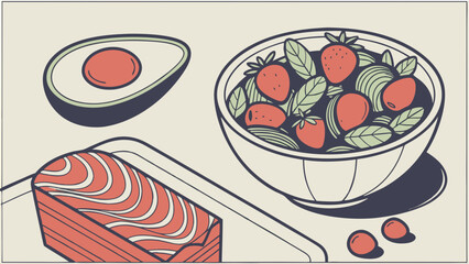 Healthy Food Illustration Avocado Salmon Strawberries and Berries in a Modern Style.