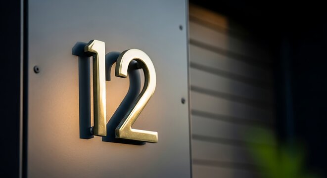 Golden house number twelve on a dark background, close-up.