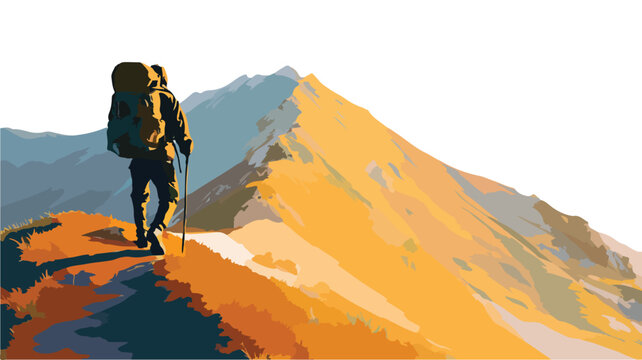 Adventure Seeker: Man Hiking Mountain with Backpack Vector Outline Isolated