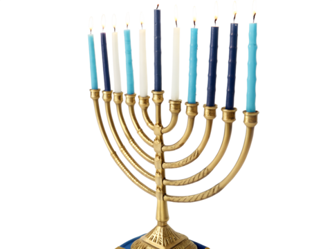 Golden menorah with nine blue and white candles lit, isolated on transparent background