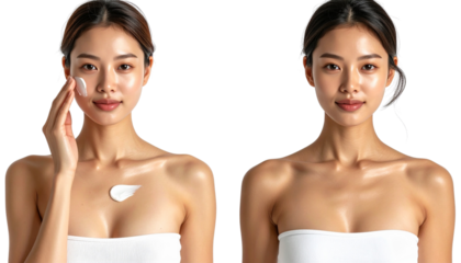 Woman with stretch marks applying cream collection isolated on transparent background.