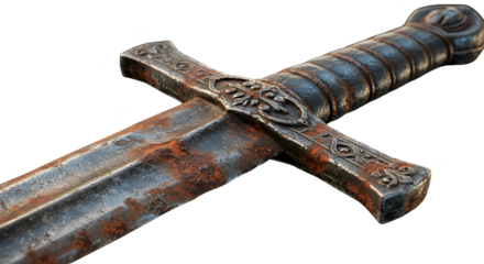 Realistic Rusty Medieval Sword Isolated on Black Background