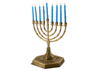 Golden hanukkah menorah with nine blue candles lit, isolated on transparent background