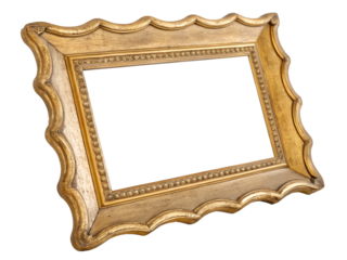 Ornate antique gold picture frame with scalloped edges, isolated on transparent background