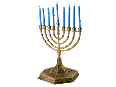 Golden hanukkah menorah with nine blue candles lit, isolated on transparent background