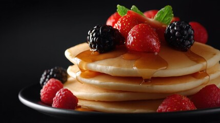 Stack of pancakes on a black plate. the pancakes are golden brown and appear to be freshly made. on top of the pancakes, there are fresh berries such as strawberries, blackberries, and raspberries.