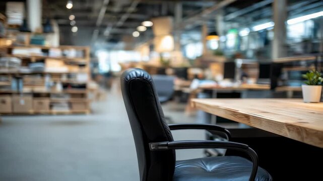 Medium shot of economical office workstation setup focusing on desk and chair details while the rest of the store remains out of focus.