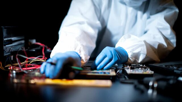 Skilled technician analyzing electronic devices for evidence in a digital forensics lab focused on cybercrime investigations