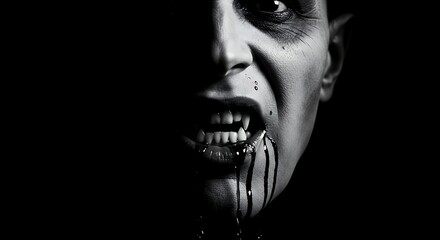 Sinister figure with open mouth and blood dripping dramatic monochrome portrait