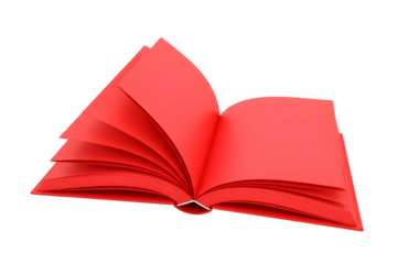 Open red book with blank pages fluttering in the wind isolated on transparent background