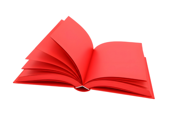 Open red book with blank pages fluttering in the wind isolated on transparent background