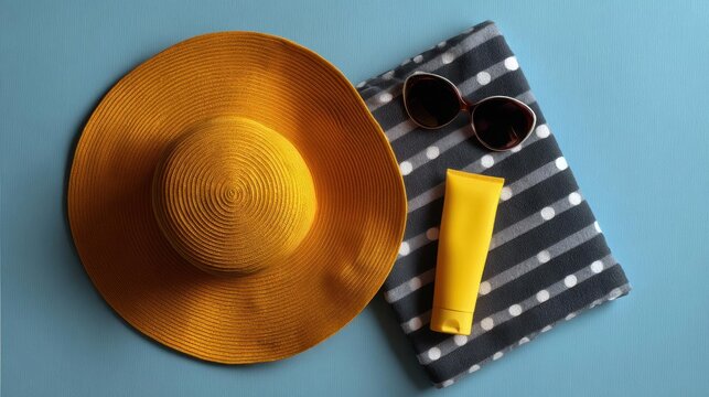Flat lay of a yellow straw hat, a pair of sunglasses, and a black and white striped towel on a light blue background.