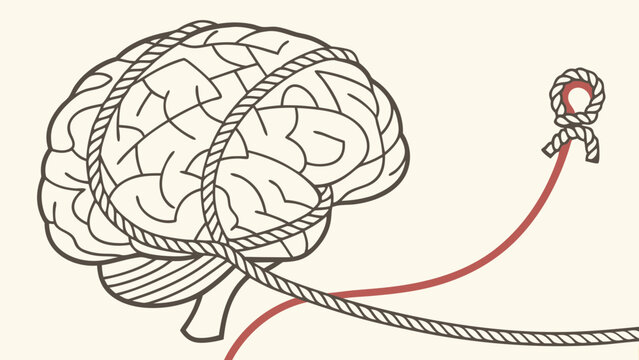 Conceptual illustration of a brain tied with rope representing mental constraints or challenges.