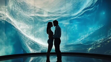 Couple embracing in front of a futuristic digital display