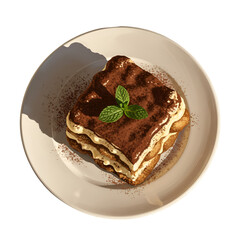 Realistic tiramisu dessert with mint on plate isolated on black