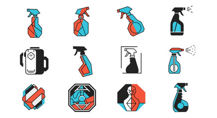 A collection of stylized spray bottle icons and abstract geometric designs, showcasing cleaning and hygiene related imagery with a modern, graphic aesthetic.
