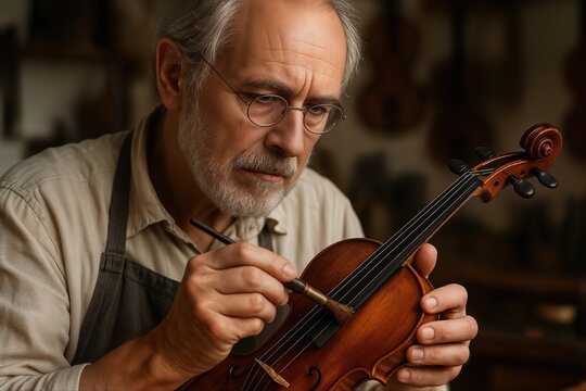 Craftsman Meticulously Polishing a Violin in a Warmly Lit Workshop, Demonstrating Artisanal Skill and Dedication to Craftsmanship - Powered by Adobe