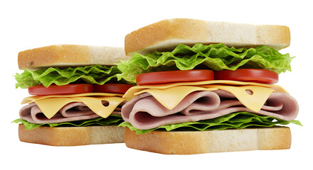 Realistic two ham cheese sandwiches on white background