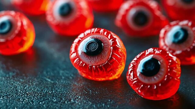 Halloween candy eyes on dark surface. Close up. Possible use Holiday treats