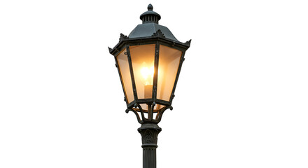 Realistic vintage lamppost with glowing bulb on black background