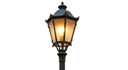 Realistic vintage lamppost with glowing bulb on black background
