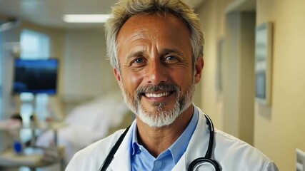 Doctor in hospital hallway, smiling, looking at camera. Possible use medical stock photo