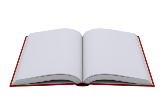 Open blank book with white pages and red cover isolated on transparent background