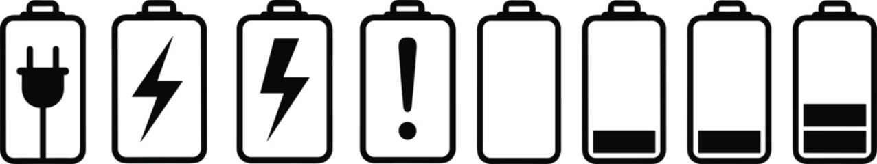 Battery icon vector set, power status symbols, charging and low energy clipart, device interface design, tech indicator illustration, energy level graphic collection