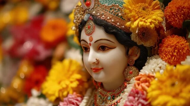 the Hindu goddess Laxmi, who represents wealth and prosperity, sitting on a lotus with a celestial appearance.