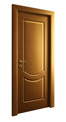 Realistic wooden door with brass handle isolated on transparent background