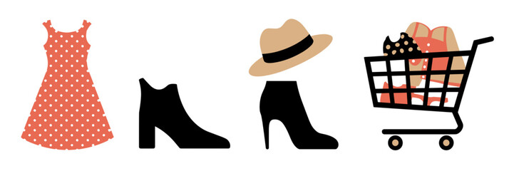 Clothing icons with dresses, hats, and shoes in shopping cart – Ideal for digital fashion branding or boutique design content