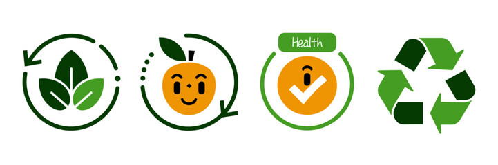 Green organic food symbols with recycling and eco elements – Suitable for eco packaging design or sustainability-themed graphics