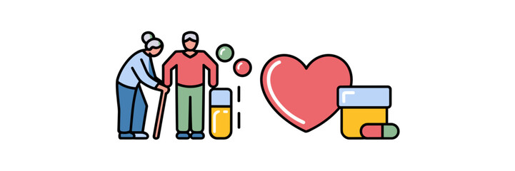 Simplified elderly care icons with caregiver, cane, heart, and medicine – Great for senior care infographics or wellness materials