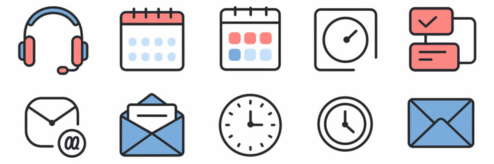 Minimalist virtual assistant icons with headset, clock, and to-do list – Perfect for digital assistant design, scheduling tools, or remote work visuals