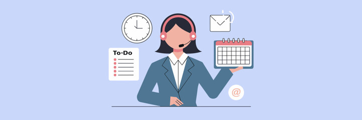 Virtual assistant illustration with headset and workspace tools – Ideal for support service marketing, online work visuals, or communication design