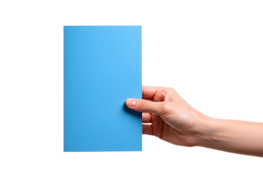 Hand holding a blank blue folded brochure or pamphlet isolated on transparent background