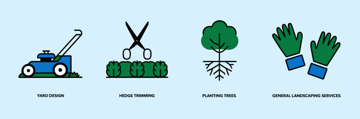 Vector icons for landscaping and gardening services: mowing, trimming, planting, gloves