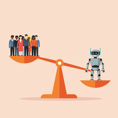 The concept of technology's superiority over human labor. A single robot on a scale outweighs a crowd of people, symbolizing layoffs, automation, AI efficiency, and job cuts.