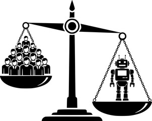 The concept of technology's superiority over human labor. A single robot on a scale outweighs a crowd of people, symbolizing layoffs, automation, AI efficiency, and job cuts.