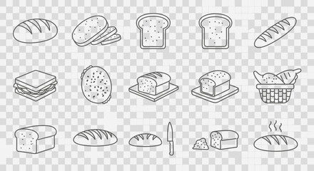 A collection of outlined bread illustrations, including loaves, slices, sandwiches, and a basket, presented on a transparent background.