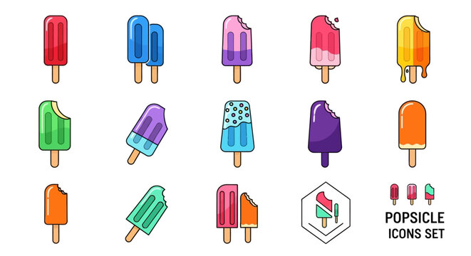 Collection of colorful popsicle icons, some with bites taken, presented in a variety of styles and flavors on wooden sticks.