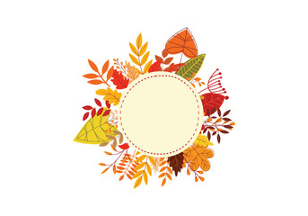 Autumn circle card with color fall leaves, and rowan berries
pine cones, Greeting or invitation card design. Vector illustration