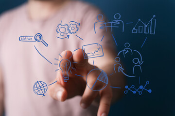 A hand touching a digital interface with drawn icons representing innovation, search, global data, and business growth, symbolizing ideas.