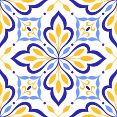 Mediterranean blue yellow seamless pattern. Ethnic mosaic design. Portuguese, Italian, Spanish, Sicilian motifs. Floral ornament, graphic print for home textile or ceramic tile. Vector illustration