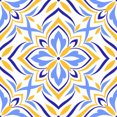 Mediterranean blue yellow seamless pattern. Ethnic mosaic design. Portuguese, Italian, Spanish, Sicilian motifs. Floral ornament, graphic print for home textile or ceramic tile. Vector illustration