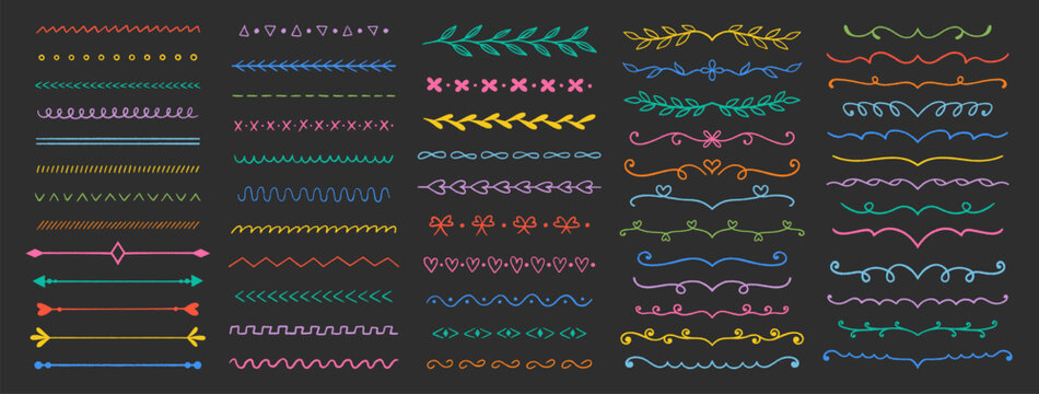 Crayon flourish, dividers. Set of doodle chalk decorative marks, lines, underline, strikethrough, arrows, twigs with leaves. Hand drawn symbols. Colorful pencil drawings, black bg. Vector illustration