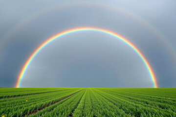 Rainbow arching over fresh green field under cloudy sky, vibrant colors, peaceful rural landscape and nature beauty