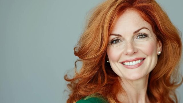 Video of middle age mature older beautiful woman with natural makeup and ginger red hair wearing green clothing.Zoom out slow motion.AI Generative.